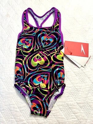 Speedo Girls One-Piece Racer back Swimsuit New NWT Purple Black Multi Size 4 - Image 1 of 4