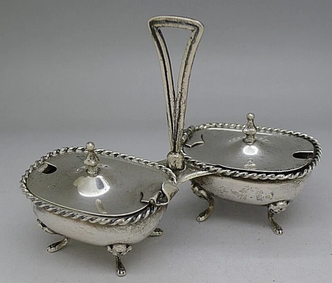 GERMAN ITALIAN 800 SILVER DOUBLE HANDLED MASTER SALT CONDIMENT LION FACES RARE Cover