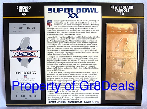 SUPER BOWL 20 CHICAGO BEARS Patriots NFL 22 KT GOLD SB XX TICKET Willabee & Ward Cover