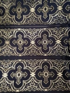 LITURGICAL JACQUARD BROCADE FABRIC Navy - White CROSS ALTAR DRESS BY YARD - Picture 1 of 1