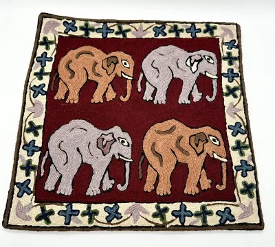 Embroidered Crewel Pillow Cover Featuring 4 Elephants - 16x16 - Image 1 of 4