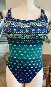 Vintage 80s Jantzen Women 12 Blue Metallic Floral One Piece Swimsuit A - Picture 1 of 8