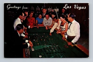 Greetings from Las Vegas Rolling Dice Gambling Hacienda Hotel c1960's Postcard - Picture 1 of 2