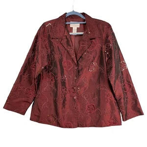 Susan Graver Jacket Women's Medium Maroon Satin Button Embroidered Sequins - Picture 1 of 10