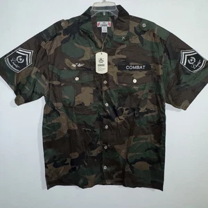Combat Camo Short Sleeve Button Down Shirt 2XL Woodland Patches New W Tags - Picture 1 of 9