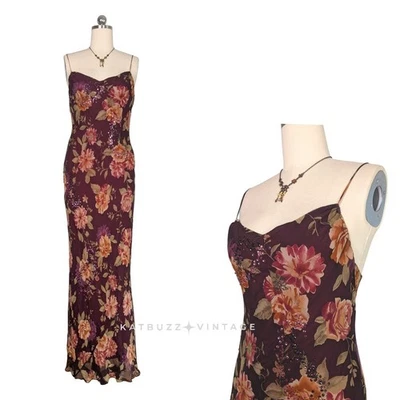 Maxi Vestido de Seda Vintage Vestido de Baile de graduación 12 Rojo Floral Y2K Años 90 Cuentas Grunge Sesgado Granate Foto 1 de 4