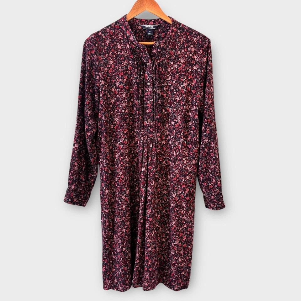 Lands End Womens Ditsy Floral Midi Dress Size 12 Pintuck Split Neck Cottage - Image 1 of 4