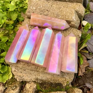 Angel Aura Rose Quartz Healing Crystal Wands Obelisk Chakra Tower Point Decor - Picture 1 of 6