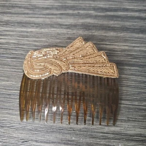Brown Hair Comb With Gold Tone Beaded Applique Wedding Quinceanera Graduation - Picture 1 of 5
