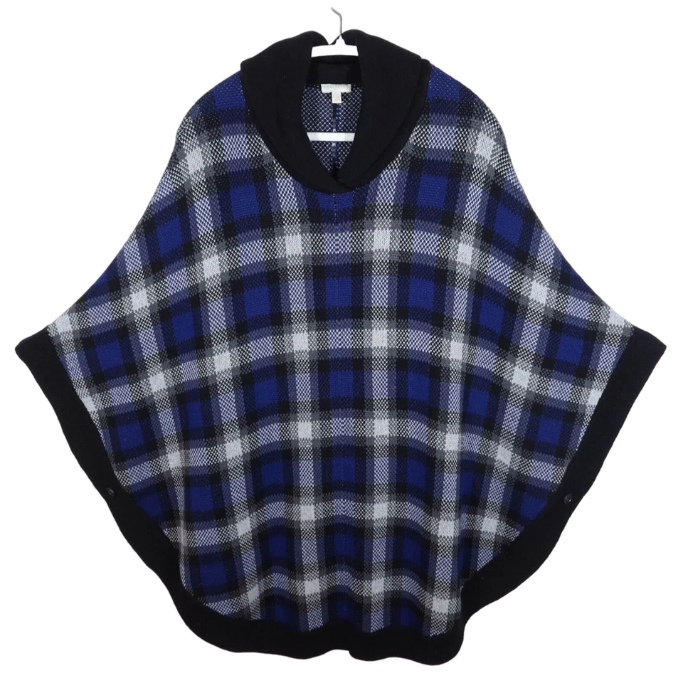 Poncho suéter tejido cuello chal a cuadros negro azul algodón TALBOTS talla L/XL Foto 1 de 4