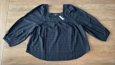 Madewell Black Boho Top Women Large Balloon Sleeve Squareneck 100% Cotton Blouse - Image 1 of 4