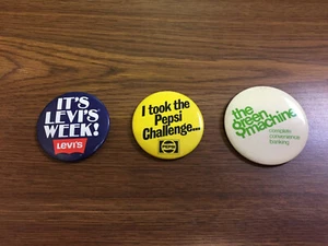 Vintage Lot of 3 Pepsi + Levi's + The Green Machine Pinback Buttons - Picture 1 of 2