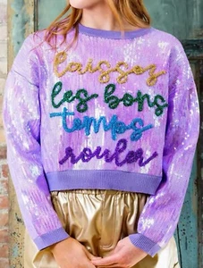 Purple Sequin Crew Top Metallic Let The Good Times Roll SML New Orleans Party - Picture 1 of 3