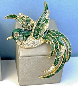Vintage Gold tone Green Enameled Hummingbird Rhinestones Brooch - Picture 1 of 6