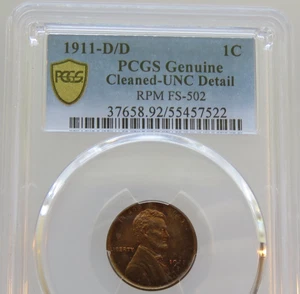 1911-D/D Lincoln Cent RPM 2 FS-502 PCGS Cleaned-UNC Detail - Gold Shield F#7522 - Picture 1 of 19