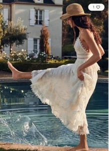 Anthropologie Rococo Sand Marla Long Dress Tiered Embroider Floral Ivory L NWT - Picture 1 of 17