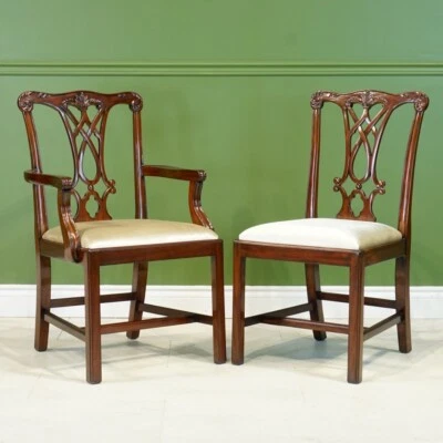 Set of 8 mahogany Chippendale dining chairs Traditional white velvet - Image 1 of 4