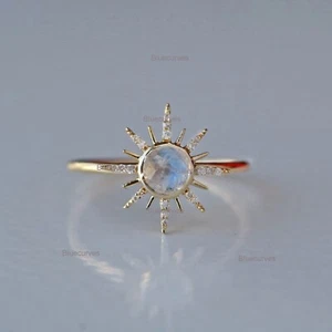 Moonstone & Diamond Wedding Starburst Ring in 14k Solid Yellow Gold Fine Jewelry - Picture 1 of 14