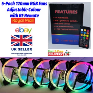 JEDEL 5ER-Pack 120 mm RGB Gehäuse Lüfter, leiser hoher Luftstrom einstellbar mit RF Fernbedienung - Bild 1 von 6