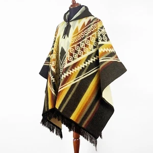 Alpaca wool Hooded Poncho Unisex Aztec pattern all seasons boho hippie XXL BROWN