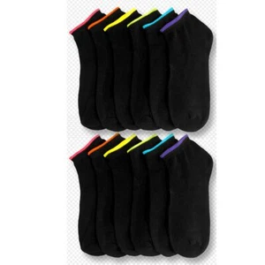 12 Pairs Girls Ankle Sports Socks Low Cut Black Neon Color Casual Sport Size 6-8 - Picture 1 of 1