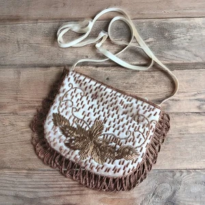 Vintage Perlen Satin Abendtasche Handtasche Bronze Perlen Satin Reißverschluss Hongkong *A - Bild 1 von 9