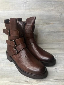 Emanuele Crasto Womens Brown Leather 3 Buckle Italian Moto Biker Boots SZ 39/8.5 - Picture 1 of 8