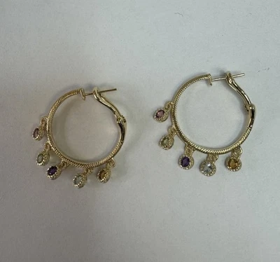 Estate Designer Judith Ripka 925 Sterling GP Precious Multi-Stone Hoop Earrings - Image 1 of 4