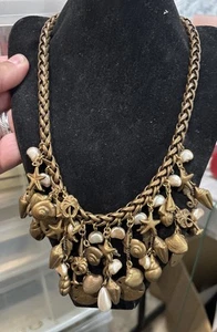 Vintage Brass Tone Seashell Charm Faux Pearl Necklace Starfish Palm Tree 19” - Picture 1 of 7