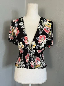 Forever 21 Floral V-Neck Blouse - Black, Pink, Yellow size L. 16 - Foto 1 di 8