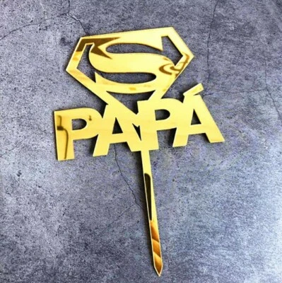 Super Papá Gold Cake Topper, Superman Cake Topper, Gold Acrylic, Free Shipping - Image 1 of 2