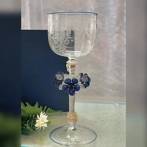 Murano Glass Venetian Hand Blown Clear & Blue Floral Italian Tipetto Glass * - Picture 1 of 10