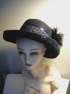 Vintage Navy Blue Wide Brim Feather & Embroider Trim Deborah Original Hat - Picture 1 of 4