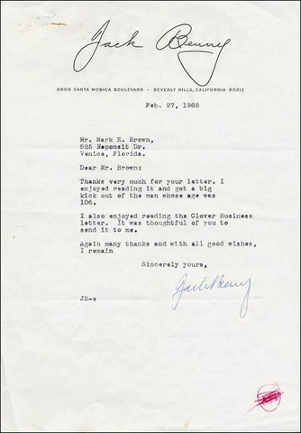 JACK BENNY - TYPED LETTER SIGNED 02/27/1968 Cover