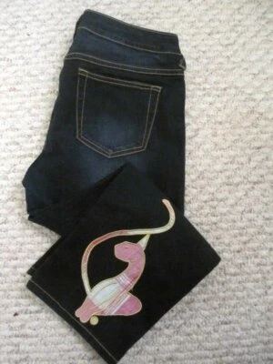 Pantalones de mezclilla capri cortos Baby Phat Juniors azul oscuro rosa a cuadros gato dorado 11 Foto 1 de 4