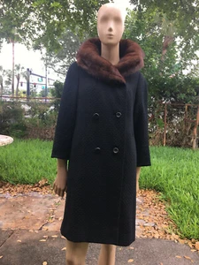 VINTAGE 60s Black Textured Coat w/ Mink Collar Boucle Wool Swing Coat Sz M - Picture 1 of 9