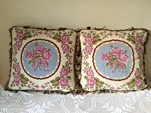Vtg Louis XVI 16 Style Rose Petit Point Needlepoint Pillows Cushions Tassels X2 - Picture 1 of 11