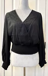 JOIE Women’s Embroidered Lace V Neck Blouse Smock Top LS Cropped M Peasant Chic - Picture 1 of 9