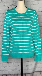 NEW Brooks Brothers Aqua Blue White Striped 100% Cotton Cable Knit Sweater XL - Picture 1 of 16