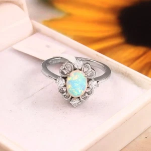 Natural Opal Oval Ring with Diamond Accents – Sterling Silver Vintage Style Ring - Picture 1 of 7