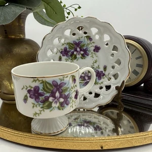 Vintage Napco Teetasse mit Fuß & Gitterspitze Untertasse - Bild 1 von 4