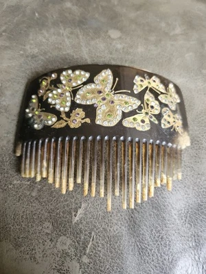 Vintage 4" Faux Tortoise Shell Hair Comb 18kt Gold Inlaid With Faux Rhinestones - Image 1 of 4