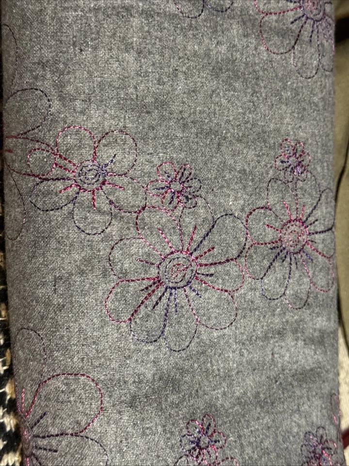 Gray Fabric Pink Embroidered Daisy-like Flowers 2+ Yards 60” Wde Cotton Blend - Image 1 of 1