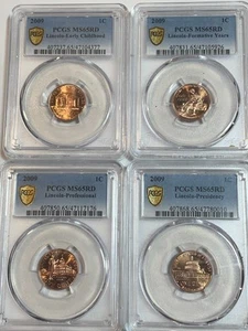 Juego de 4 monedas Philadelphia Lincoln Cent 2009 graduación profesional MS65RD Penny Gold Shield - Imagen 1 de 2