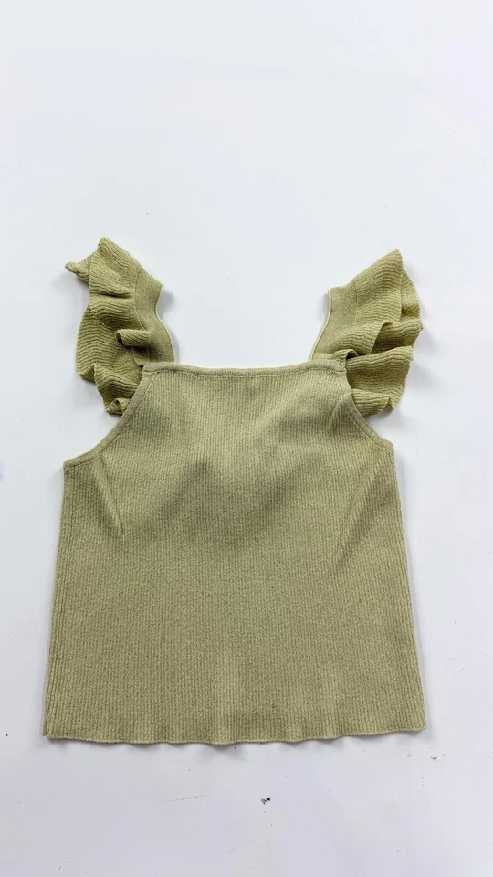 Zara Knit Top Girls Size 7 Gold Ruffle Strap Bow Back Ribbed Metallic Tank - Image 1 of 4