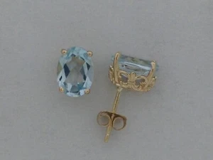 Natural Aquamarine Stud Earrings Solid 14kt Yellow Gold - Picture 1 of 6