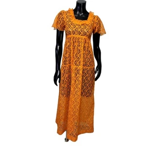 Vintage 70s Bright Orange Lace Popover Sheer Empire Waist Maxi Dress Boho Hippie - Picture 1 of 8