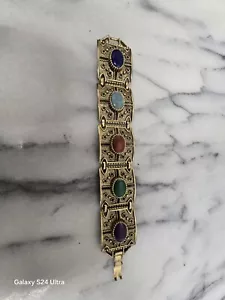 Vintage Gold Tone Panel Link & Cabochons Bracelet Signed Sarah Coventry - Picture 1 of 11