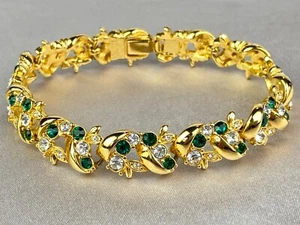 BARBARA MANDRELL Vintage Gold Tonę Tennis Bracelet Green & Clear Rhinestones - Picture 1 of 13