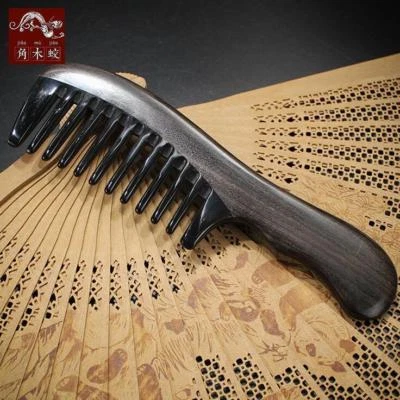 Wooden Handle Hair Comb Antistatic Natural Black Buffalo Horn Wide Toothed Comb - Image 1 of 4